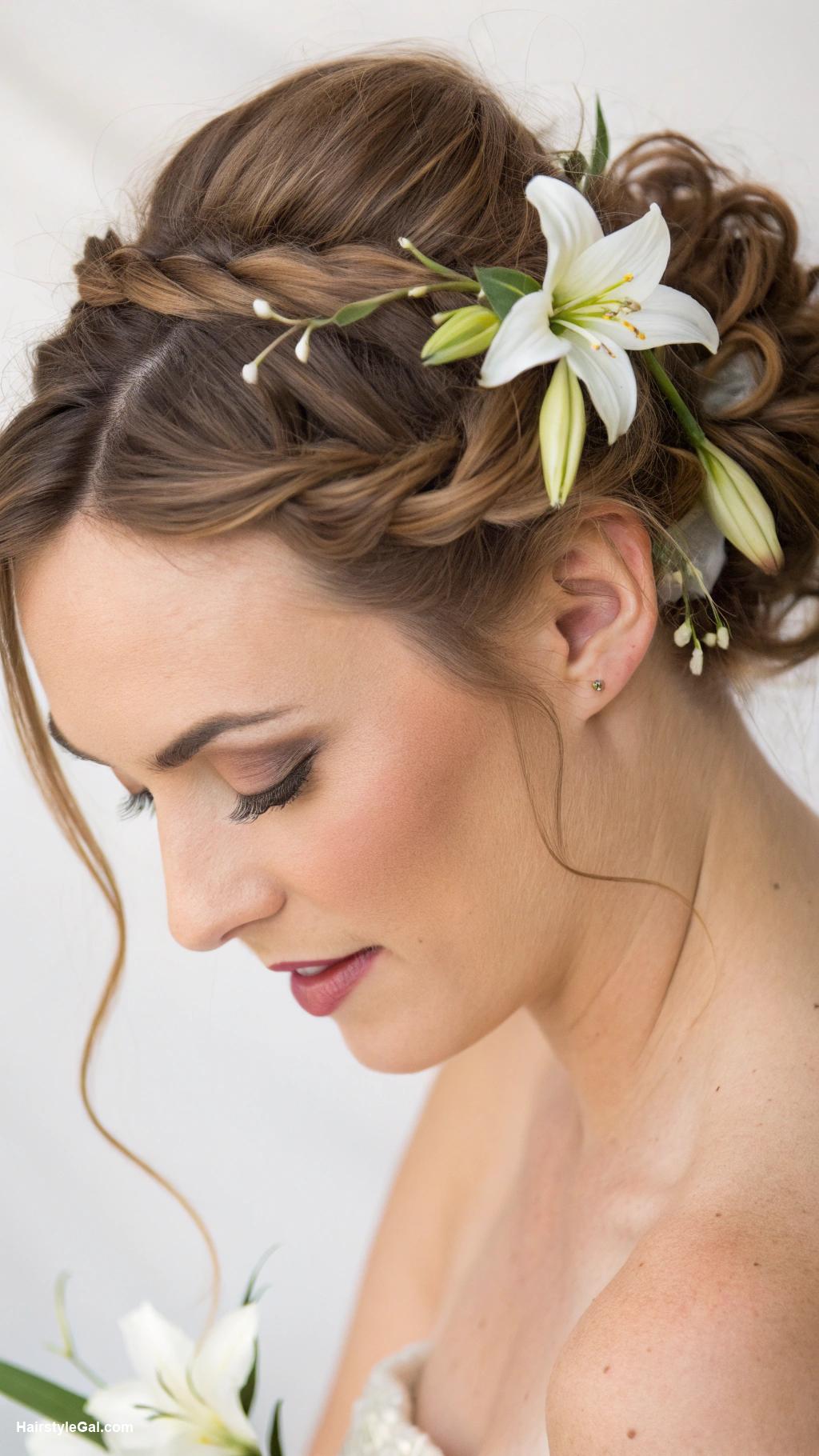 wedding hair with flowers French twist with lily accents