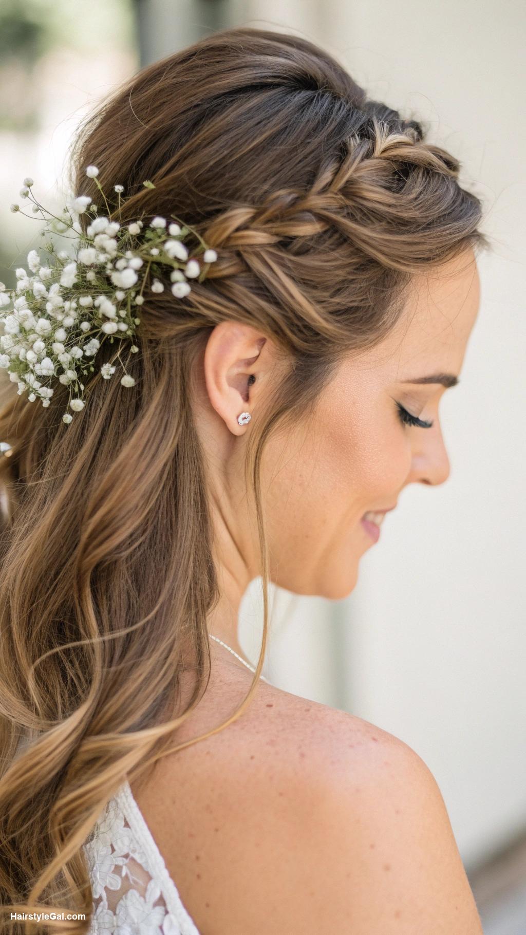 wedding hair with flowers Half up half down with babys breath