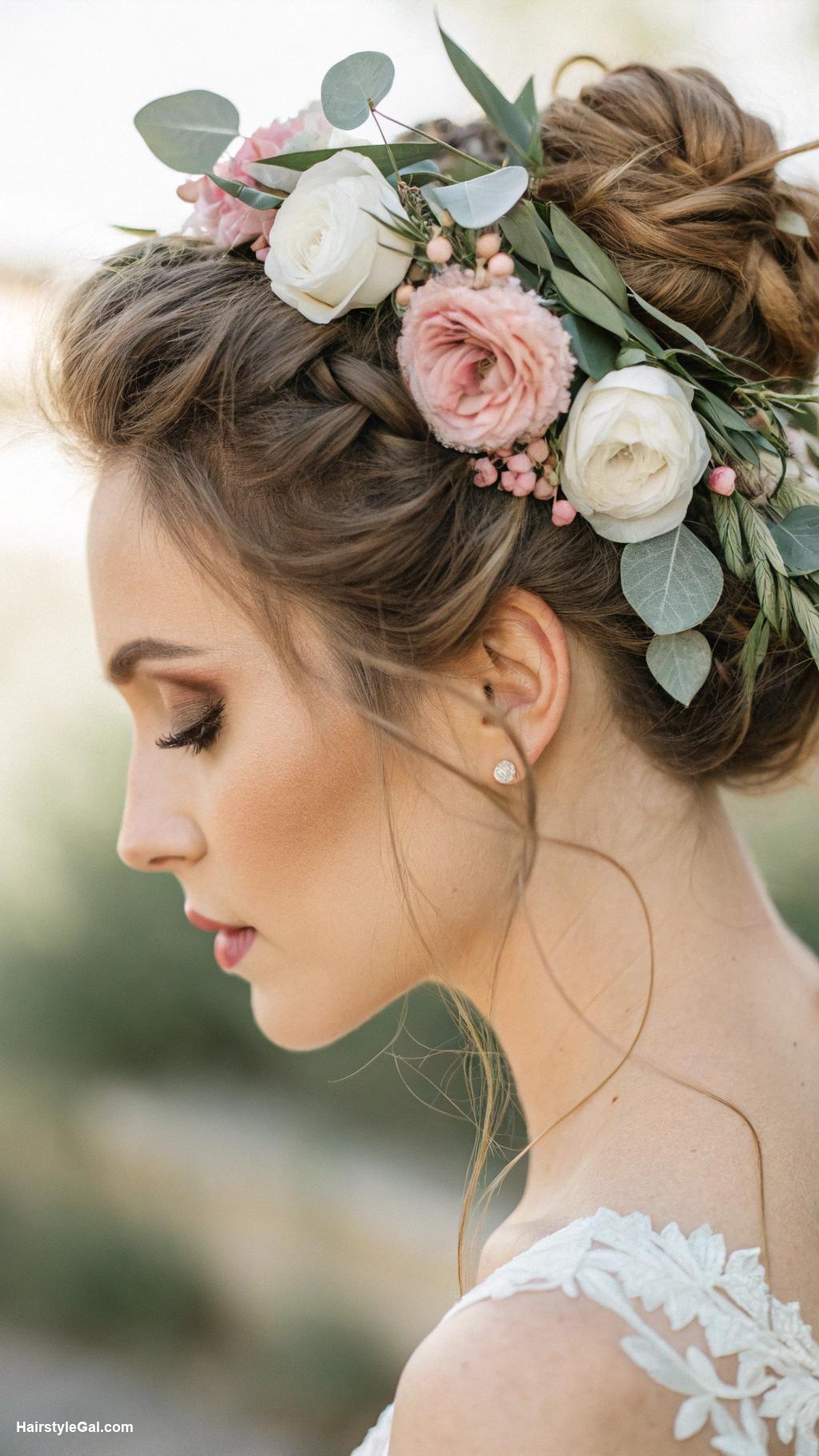 wedding hair with flowers Messy bun with eucalyptus sprigs