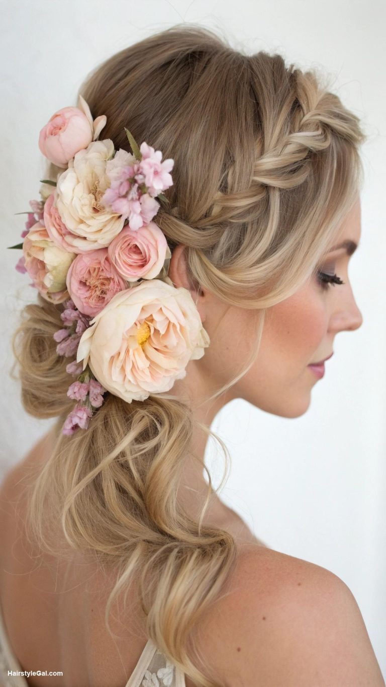 wedding hair with flowers Side swept hair with peonies